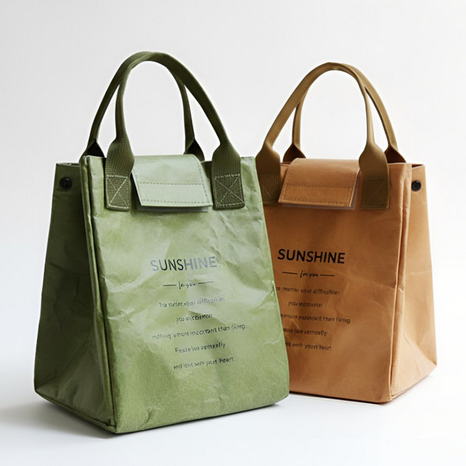 연예인 런치백 도시락 가방 피크닉 빈티지 푸드백, 브라운 + 카키, 1세트