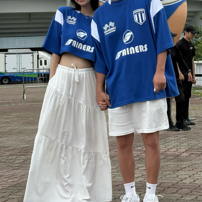 르위 오버핏 반팔 바시티 유니폼 흠뻑쇼 블루 티셔츠 빅사이즈 크롭 커플룩