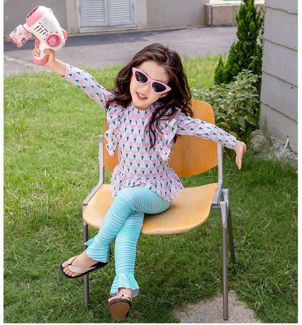 하와즈 상큼패턴 긴팔 긴바지 상하 분리형 수영복 어린이 프릴래쉬가드