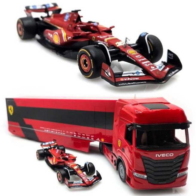 (데코앤) 1:43 F1 페라리 트레일러 세트 SF24 샤를 르클레르 수송 트럭 미니카 다이캐스트, 1개, 상세페이지 참조
