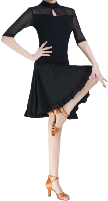 여성 라인댄스복 라틴댄스 줌바 연습복 상의 무용 망사 블랙 세트 폴댄스, 7부소매+스커트