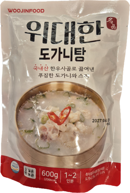 위대한 도가니탕 국내산한우사골 도가니와스지 한끼식사, 600g, 1개