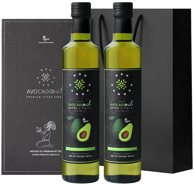 [선물세트]나한나 아보카도오일 엑스트라버진 500ml 2병 직수입 비건오일 + 블랙쇼핑백, 1L, 1세트