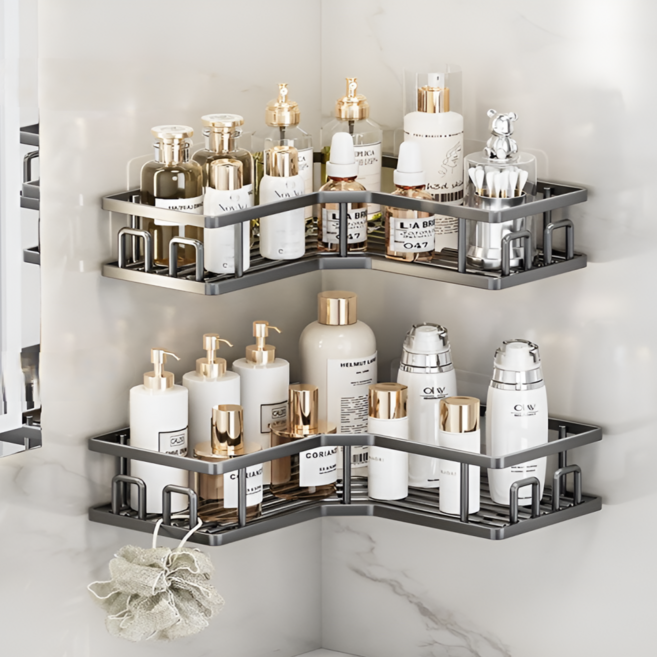 [타공없이 깔끔정리] 유앤아이 코너형 욕실선반 무타공 정리대 정리함 세면대 선반 걸이 수납 거치대, 2개 세트, 블랙