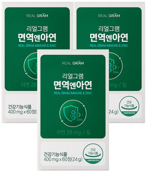 리얼그램 면역엔아연 글루콘산아연 아연단일 고함량 28mg 면역력 건강기능식품, 60정, 3개