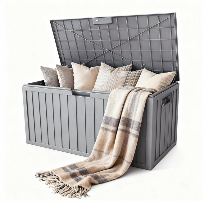 NEW 야외보관함 290L 수납 정리함 플라스틱 조립식창고 택배보관함 데크박스 수납 벤치 정원정리 베란다정리, N_290L그레이