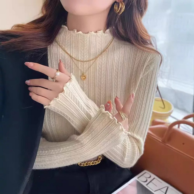 샤일리 여성 프릴 반폴라 슬림 니트티