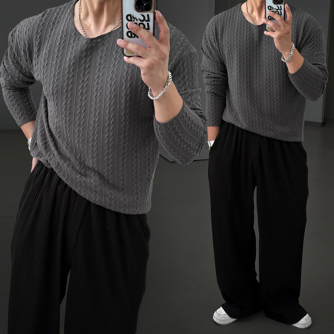 빠델 남성용 유넥 머슬핏 꽈베기 긴팔 데끼 니트티셔츠