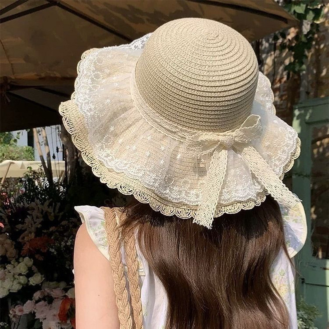 Asure 여성 여름 해변 비치 아웃도어 레이스 리본 썬캡 자외선 차단 밀짚모자