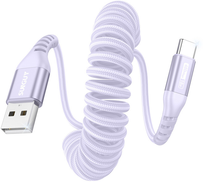 SUNGUY C타입 고속 충전 케이블 코일 스프링 데이터 케이블 자동차용 480Mbps 18W, 퍼플, 1개, 2m