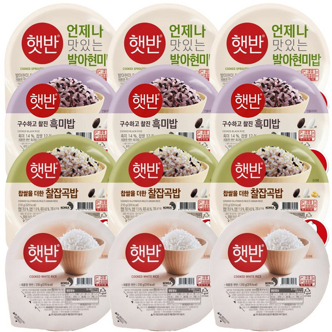 CJ 건강 햇반 신제품 4종 (백미 + 찰잡곡밥 + 발아현미밥 + 흑미밥) 캠핑 식단 즉석밥, 24개, 210g