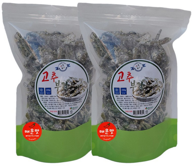 쪄서 말린 국산 수제 매운맛 고추부각(400g), 2개, 200g