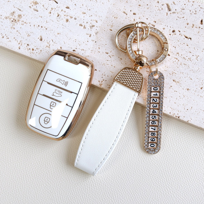 트니르 기아 호환 H타입 4버튼 k3 k5 쏘울 올뉴카렌스 올뉴카니발 니로 쏘렌토R 올뉴쏘렌토 스토닉 더뉴스포티지R 스포티지QL tpu 골드라인 스마트키 자동차 차키케이스, 큐빅오링, 화이트