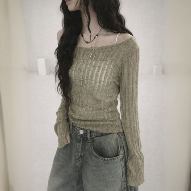 씨케이 여리여리 시스루 골지 니트 오프숄더