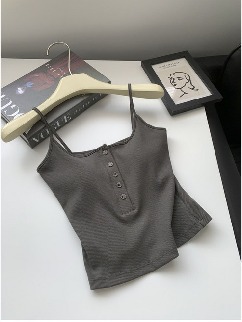 吊帶背心女 內搭一體胸墊 美式辣妹背心 紐扣夏季短上衣