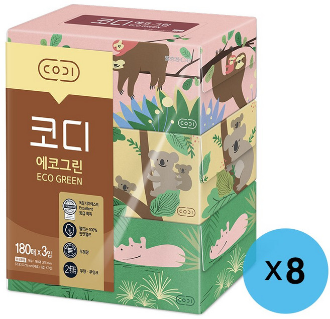 쌍용 코디 에코그린 미용티슈 180매 3입 8팩, 24개