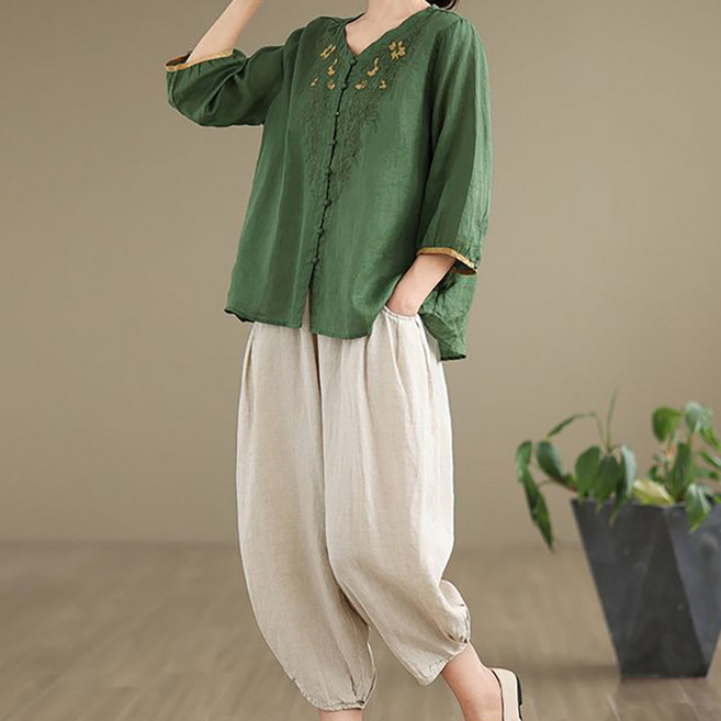 ORZQU 여자 여름 생활한복 자수 오버핏 7부 소매 블라우스 슬랙스 투피스