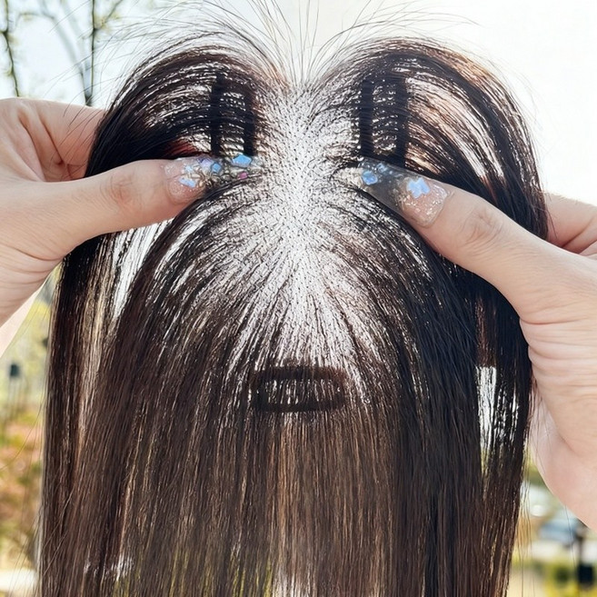 샤일리 여성 인모100% 헴라인 정수리 부분가발, 자연블랙+앞머리 타입, 1개