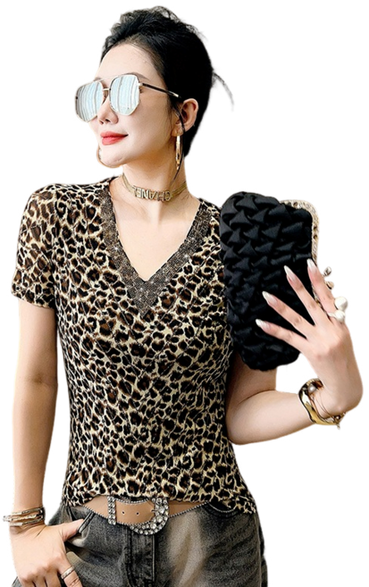 라인댄스복 스포츠댄스복 여성용 핫픽스 호피 망사 반팔 티셔츠 +Women's T-shirt 뉴타임즈