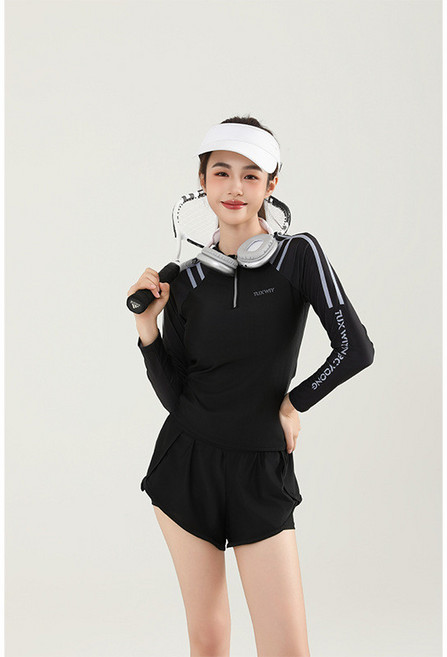 新款女士分體長袖兩件套運動休閒防曬少女學生保守顯瘦泳衣女, 黑色,M40.0 45.0公斤