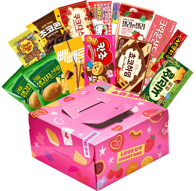 스낵24 발렌타인데이 화이트데이 러브유 스위트 하트 케이크상자 과자 선물세트, 1세트, 14p