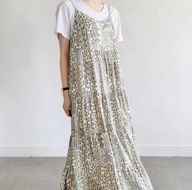 잔꽃 프린트 뷔스티에 롱 나시 원피스