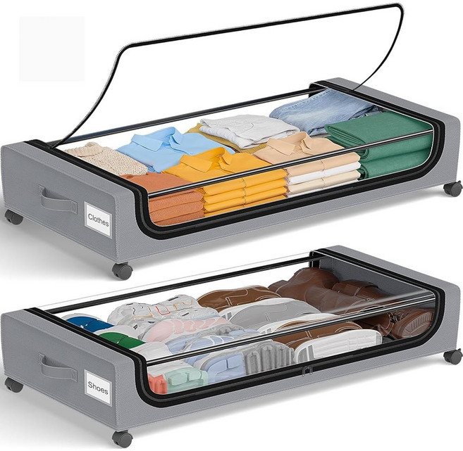 예카예 언더 침대 수납 바퀴 달린 2팩 용기 신발 정리함 롤링 금속 서랍 옷 담요30.71 x 16.93 6.69 인치, Grey, Large(4Pack)