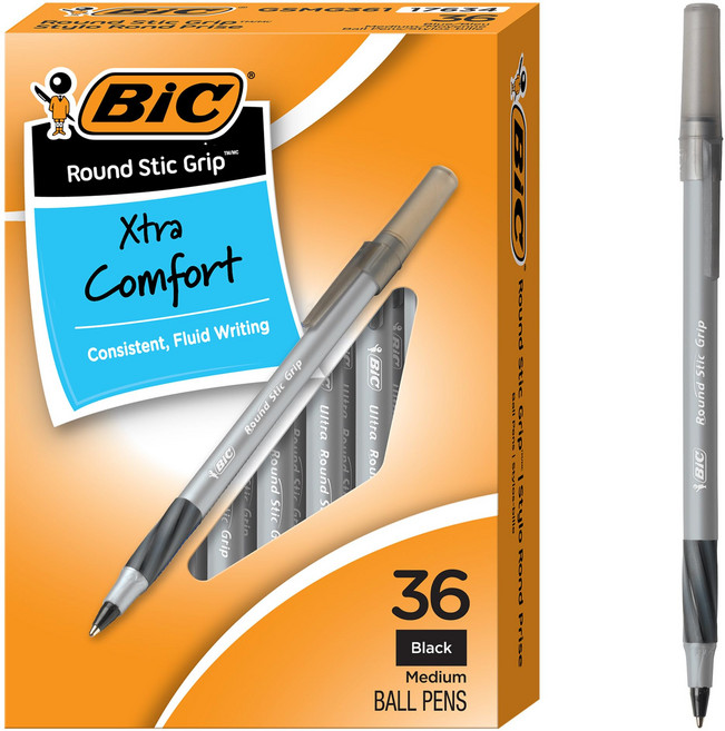 빅 라운드 스틱 그립 엑스트라 컴포트 검정 볼펜 중간 팁 BIC Round Stic Grip Xtra Comfort Black Ballpoint Pens Medium Poin, 1개, 1개입