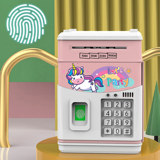 FOOI NEW 지문인식 사운드 ATM 저금통 지폐 저금통 미니금고, 핑크 유니콘, 1개
