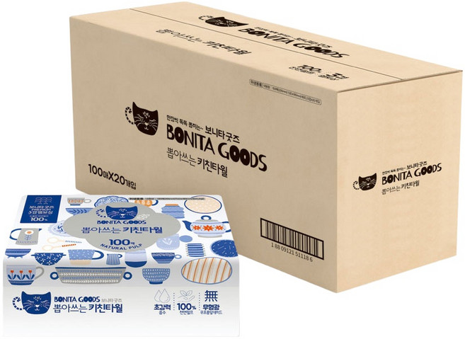 1+1 보니타굿즈 뽑아쓰는 키친타올 3겹 100매 10개+10개 (총20개), 20개, 100매입