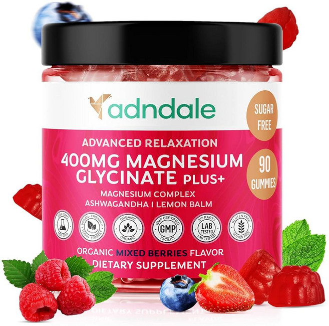 아덴데일 90ct 15-in-1 마그네슘 글리신산염 구미 400mg/serv- 말산 아쉬와간다 타르트 체리 목련 껍질 레몬 밤 패션플라워 카모마일 L-테아닌 아연, 1개