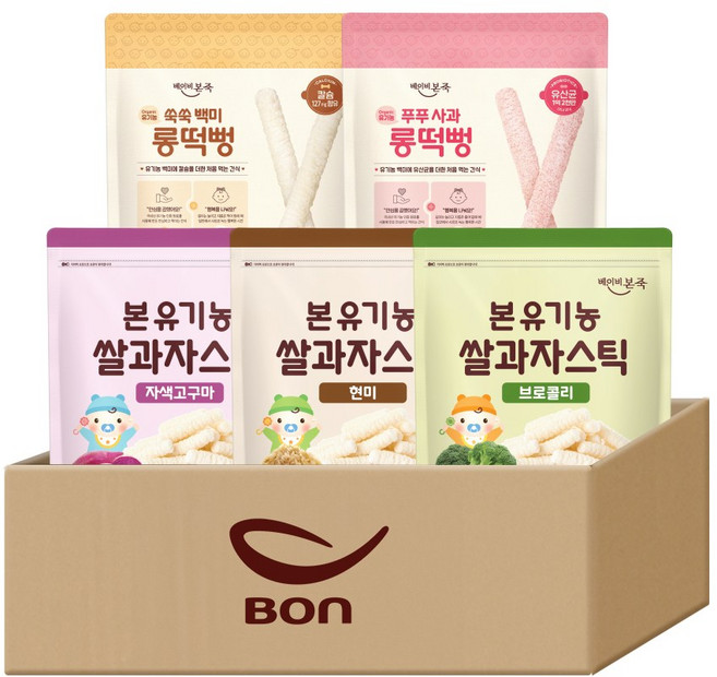 [베이비본죽] 유기농 쌀과자 5개 세트(롱떡뻥 2종 + 쌀과자스틱 3종) 아기 과자, 30g, 롱떡뻥2종 + 쌀스틱3종