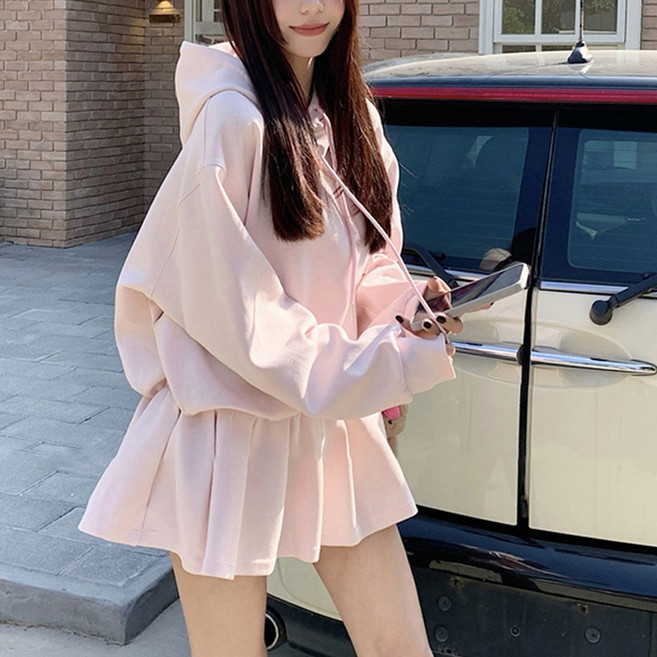 히또리 X5247 러블리 캐주얼 후드 플레어 미니 원피스