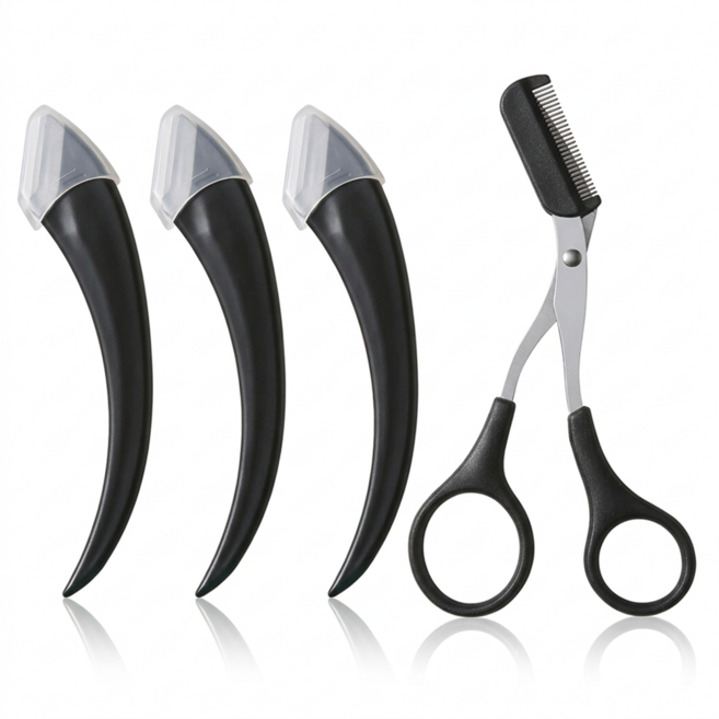 로멀리 눈썹칼 빗달린 눈썹 가위, 4개, 블랙