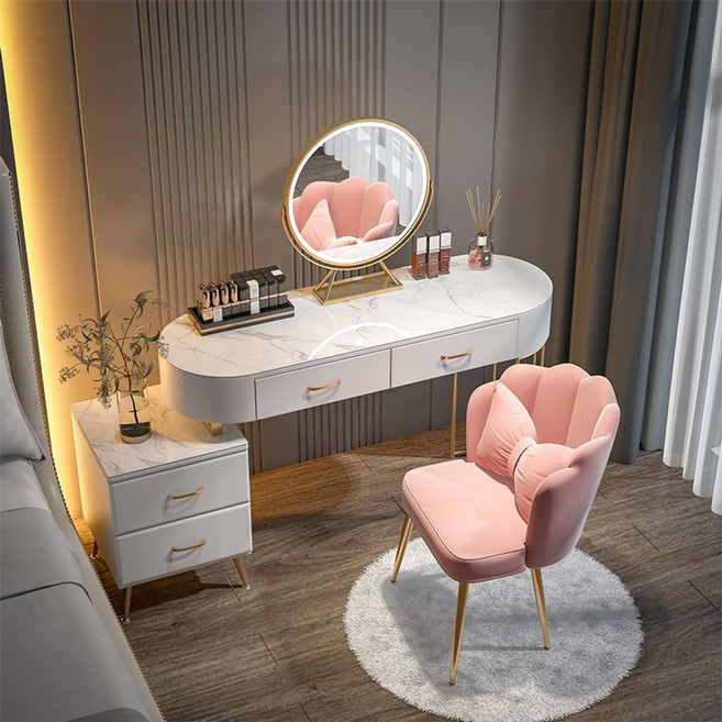심플 모던 화장대 테이블 대리석 LED거울 수납 서랍, 100cm +회전거울 +캐비닛 +그레이 D의자