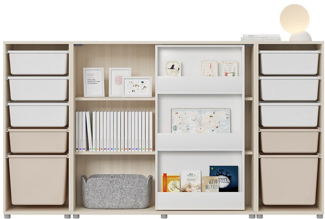 한샘 샘키즈 슬라이딩 수납장 전면책장형 박스 2000, A형:(몸통)크림화이트/(박스)하프베이지(A)