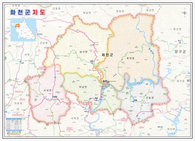 나우맵 화천군지도 코팅 - 화천 지도 강원도 도로 우리나라 전도