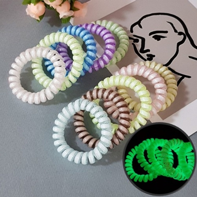 10개) 야광 스프링 전화기 꼬불이 자국 안남는 머리끈 고무줄 곱창밴드