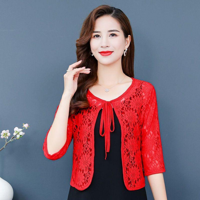 蕾絲防曬披肩外套, 222-紅色,6XL 建議70.0-77.5公斤, 紅色