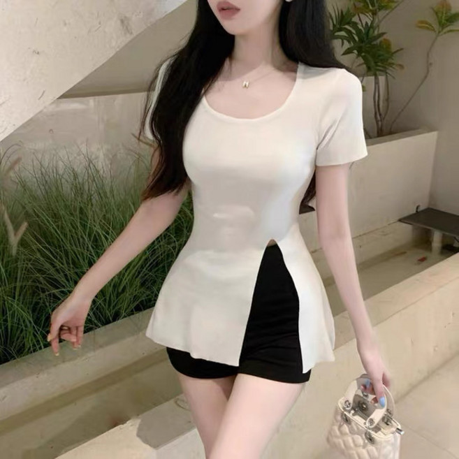 야오야오 유넥 트임 슬림핏 플레어 반팔 니트