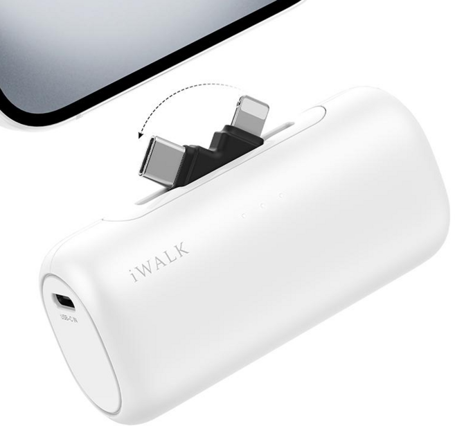 아이워크 iWALK 듀얼 커넥터 도킹형 미니 보조배터리 5000mAh PD 15W 초고속충전 일체형 아이폰 갤럭시 2in1 휴대용 잔량표시, 화이트