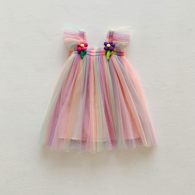 여아 무지개 프릴 쉬폰 원피스 아동 민소매 레이스 러블리 드레스