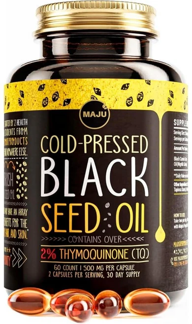 Maju Superfoods 블랙 씨드 오일 캡슐 - 냉압착 제품 2% 티모퀴논 100% 터키산 블랙 커민 나이젤라 사티바 씨드 오일 액체 퓨어 블랙시드 60개 캡슐 당, 60정, 1개 - 쿠팡