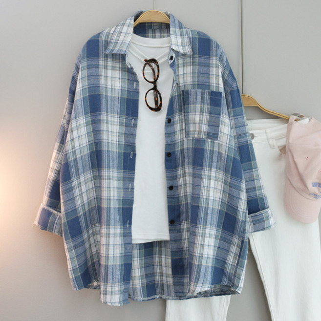 달콩 여성 빅사이즈 봄신상 카라셔츠 타탄오버핏체크롱셔츠