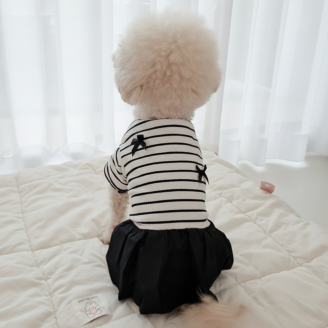 멍스터주식회사 강아지 봄옷 원피스 티셔츠 커플 스트라이프 리본 산책 외출복, 1개, 스트라이프 봄 원피스