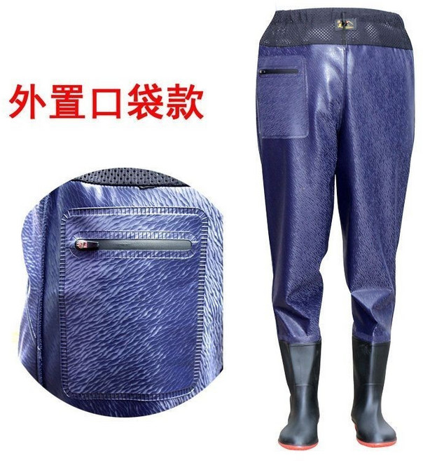 加厚連體防水雨褲 男士捕魚釣魚下水褲 齊腰設計 0301, 1個, 漁征 齊腰藍羅紋70絲 拉鏈口袋,36碼