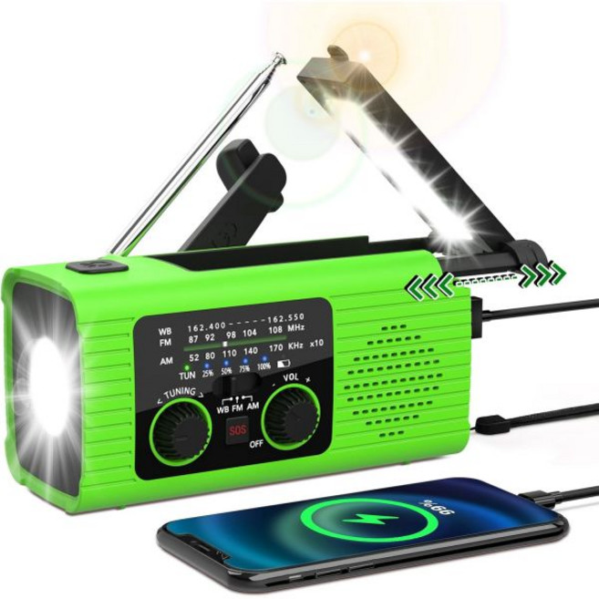 비상 기상 라디오 4000mAh NOAA 알림 태양광 충전 손잡이 크랭크 및 USB AMFM과 LED 손전등 독서등 SOS 알람 헤드폰 잭 실내외용 3056498, Green