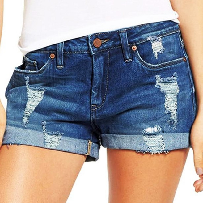 高腰牛仔短褲 刷破彈性直筒短褲