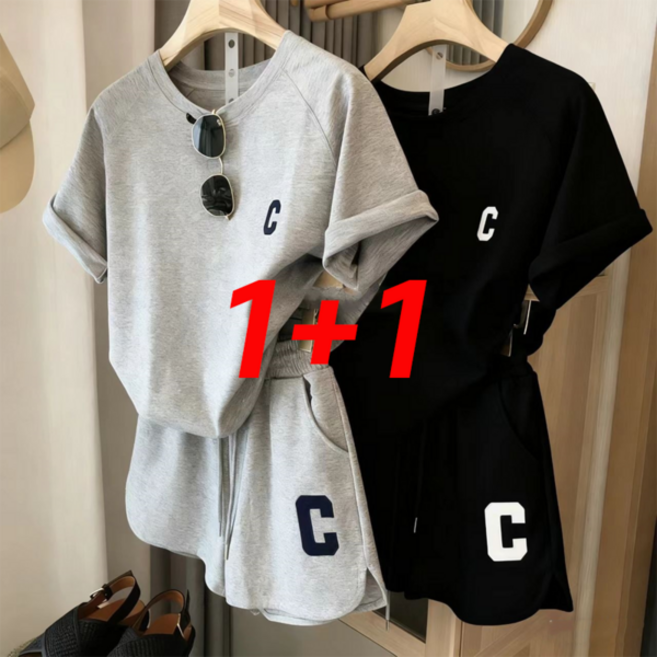 1+1 여성 트레이닝 세트 여름 루즈핏 반팔 티셔츠+핫팬츠 반바지 레터링 자수 실내복 캐주얼 상하의 투피스 세트