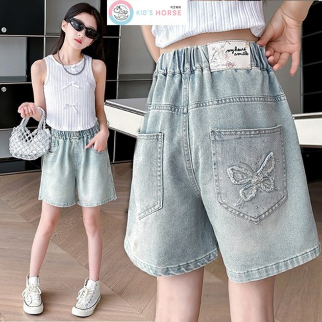키즈목마 여아 큐빅나비반바지 초등학생 중학생 여아데님팬츠 데님반바지 아이스진 청반바지 890